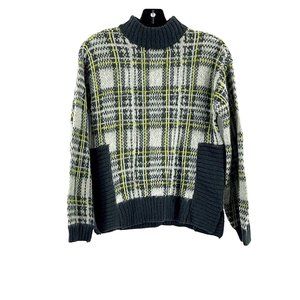 Nine West Women's Gray White Yellow Plaid Knit Sweater High Neck Top Size XS